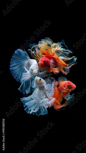 letters Ai transform into fishes in dark aquarium