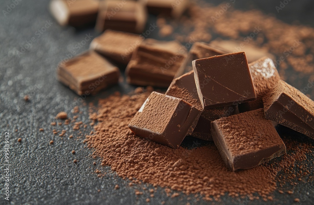 Chunks of dark chocolate on a textured surface with cocoa powder
Chunks of dark chocolate on a textured surface with cocoa powder