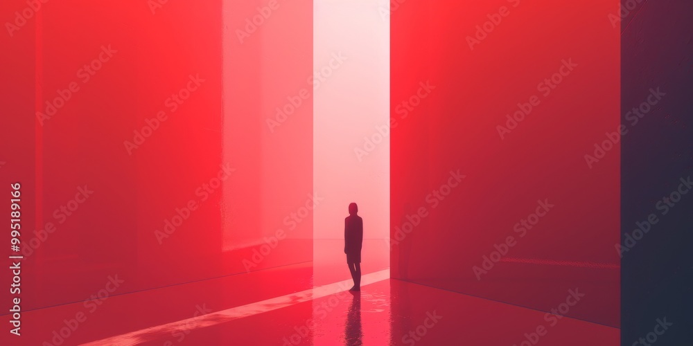 Silhouette of Person Walking in Abstract Red Corridor with Reflective Surfaces Silhouette of Person Walking in Abstract Red Corridor with Reflective Surfaces