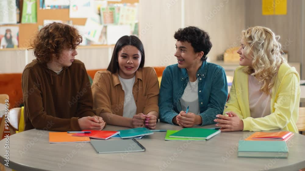 Four students group friends Caucasian girls females schoolgirls boys guys males schoolboys together studying learning discuss smile talking prepare exams cooperation school academy college university