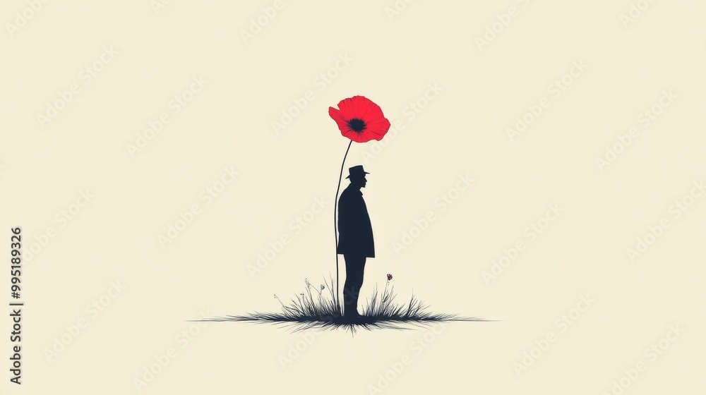 Minimalist Illustration of a Man in a Hat Standing Under a Giant Red Poppy Minimalist Illustration of a Man in a Hat Standing Under a Giant Red Poppy
