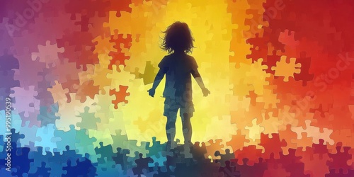 Silhouette of a child against a vibrant puzzle background, symbolizing the complexities of child psychology and development