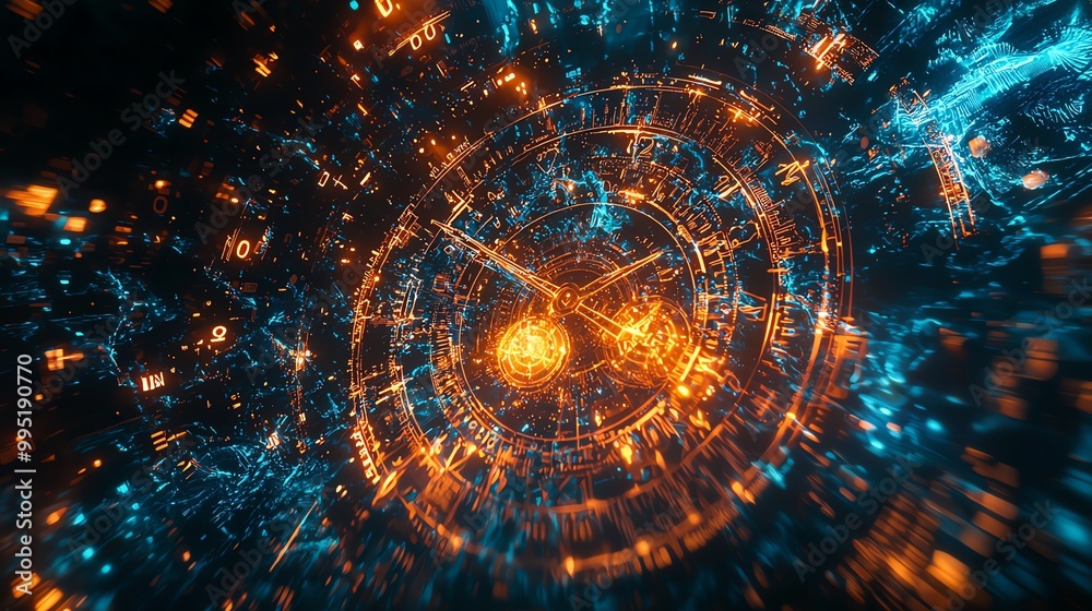 Obraz premium Futuristic digital interface with glowing holographic elements, depicting advanced technology and data visualization.