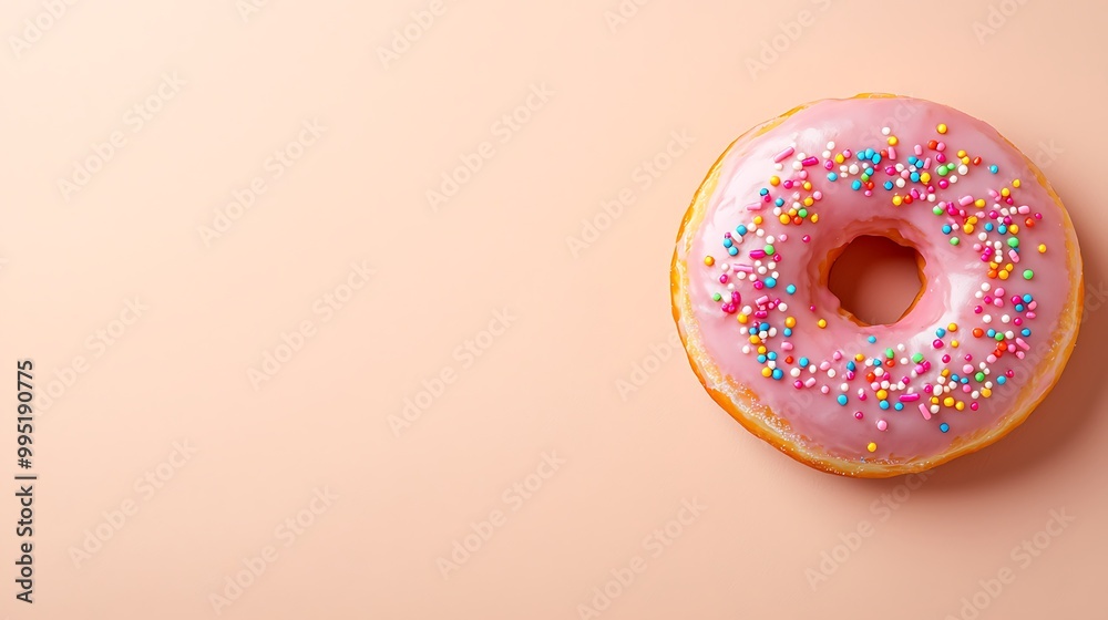 An overhead shot of a single doughnut with pink icing and colorful sprinkles on a smooth peach fuzz tone background. The deep depth of field ensures sharp focus on the doughnut, with surrounding An overhead shot of a single doughnut with pink icing and colorful sprinkles on a smooth peach fuzz tone background. The deep depth of field ensures sharp focus on the doughnut, with surrounding