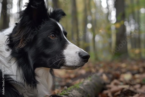 Dog In Woods. A Beautiful Border Collie Enjoying Nature in the Woods