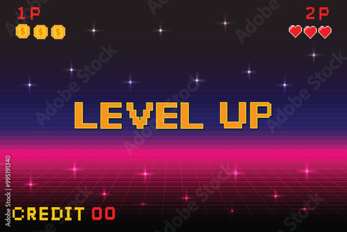  level up pink.Pixel art background.8 bit game. retro game. for game assets in vector illustrations. Retro Futurism Sci-Fi Background. glowing neon grid. and stars from vintagsynwap table1 