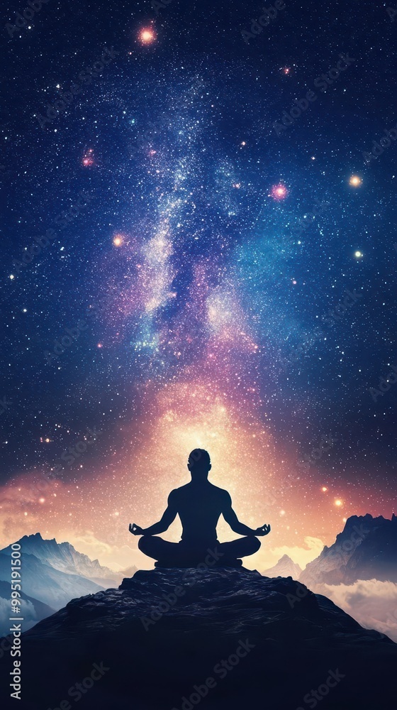 Brahma meditating under the cosmic sky, surrounded by glowing celestial symbols, deep spirituality, Hindu mythology Brahma meditating under the cosmic sky, surrounded by glowing celestial symbols, deep spirituality, Hindu mythology
