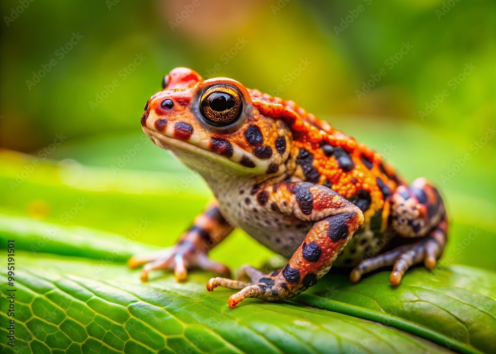 A close encounter with a baby toad on a leaf reveals its exquisite patterns and colors, highlighting the