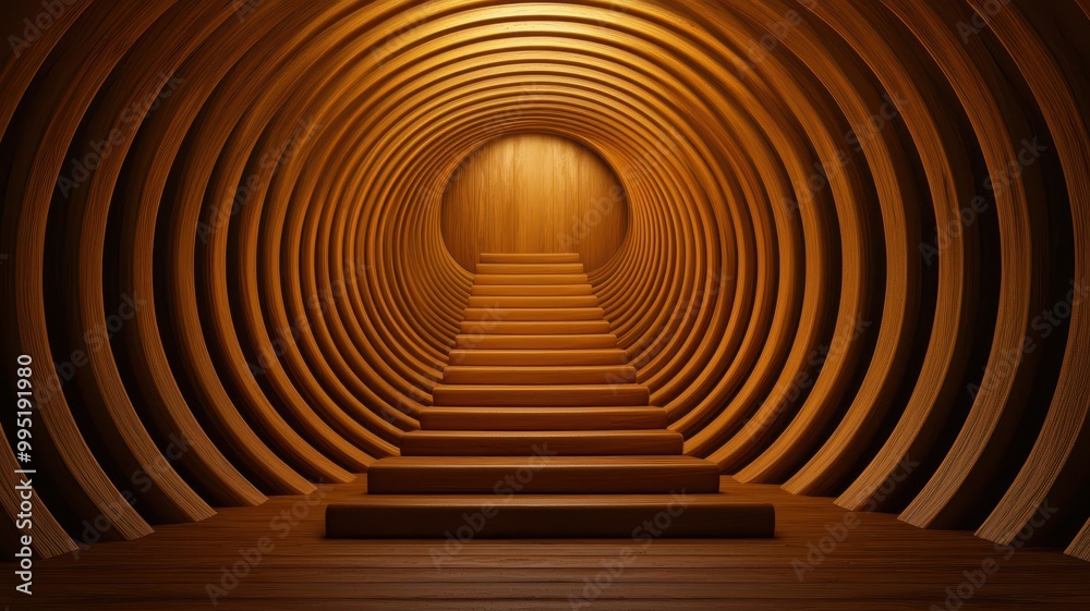 Obraz premium A spiral staircase leads to a circular, warmly-lit wooden passageway, creating a serene and inviting atmosphere.