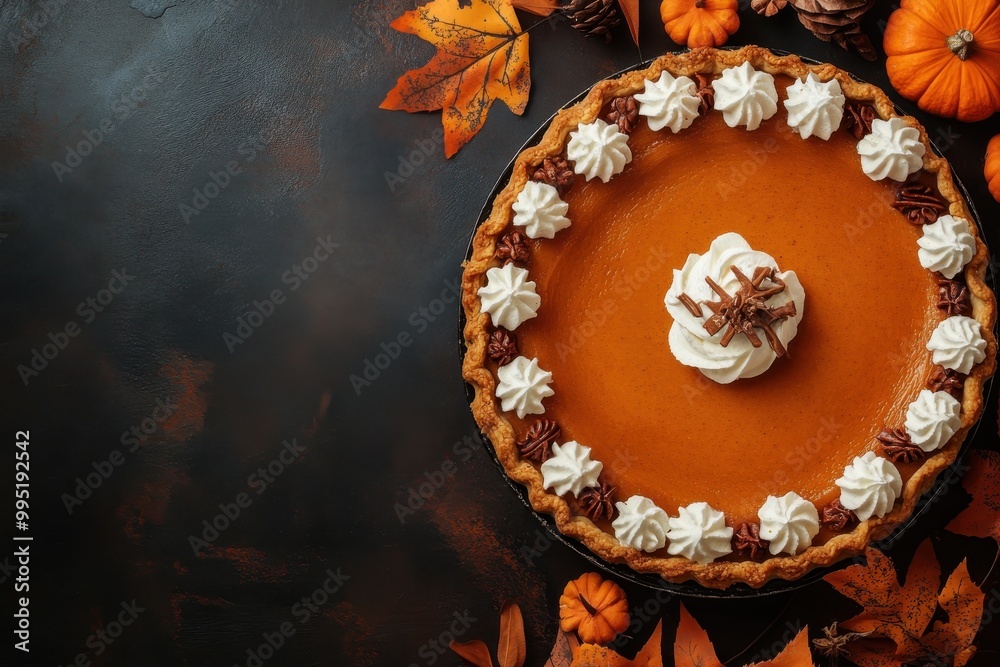Pumpkin pie with whipped cream surrounded by autumn leaves on dark background, Thanksgiving dessert
