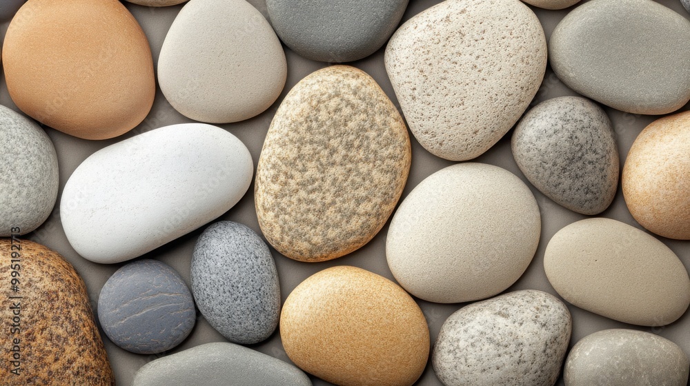  smooth stones in earthy tones like grey, brown, and white, arranged in a minimalist and natural layout