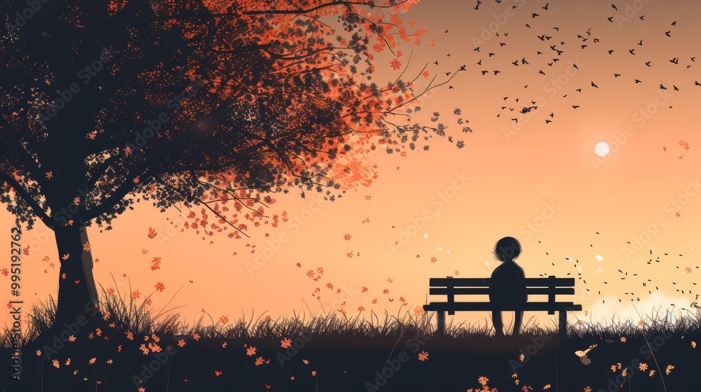 Silhouette of a person sitting on a bench in a tranquil lofi background. Silhouette of a person sitting on a bench in a tranquil lofi background.