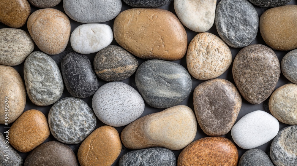 smooth stones in earthy tones like grey, brown, and white, arranged in a minimalist and natural layout
