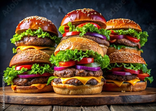 A delightful variety of gourmet hamburgers, featuring unique beef patties and toppings, beautifully arranged on plates,