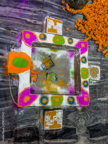 Handmade colourful havan kund for hindu rituals. photo