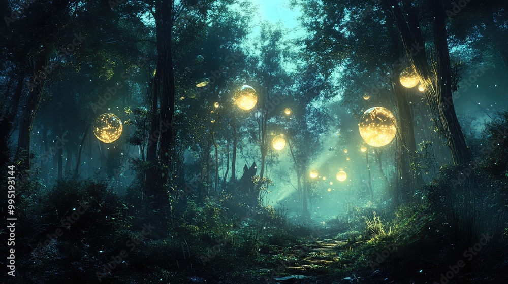 Obraz premium A magical forest with glowing orbs floating in the air and strange, bioluminescent creatures darting between the trees