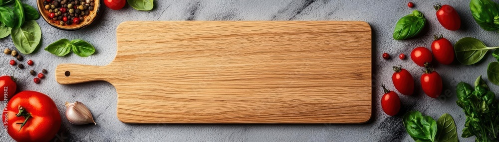 Naklejka premium Wooden cutting board surrounded by fresh vegetables and herbs, white isolate background.