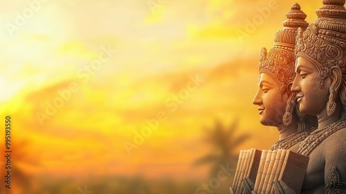 Fourfaced Brahma holding Vedas, a symbol of creation and knowledge, vibrant Indian temple backdrop, Hindu religion photo