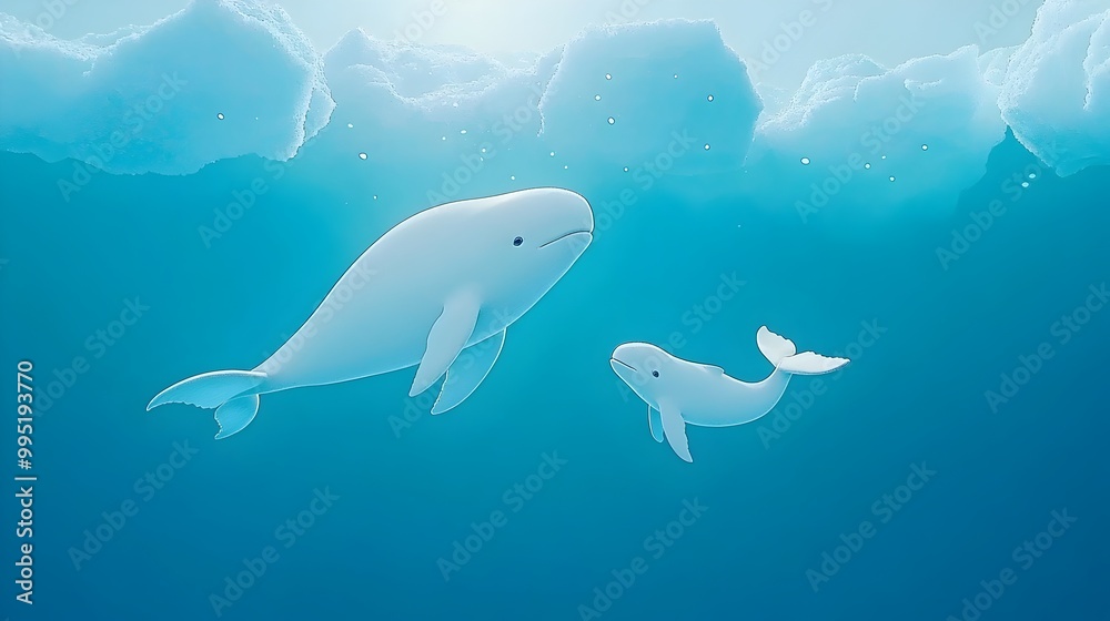 Obraz premium A captivating image showcasing a mother beluga whale and her calf swimming gracefully through the icy Arctic waters their forms silhouetted against the majestic backdrop of towering glaciers