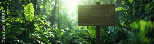 Wooden signboard surrounded by lush green foliage in a sunlit forest, showcasing nature's beauty.