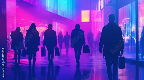 A group of people walking down a street with neon lights and shopping bags