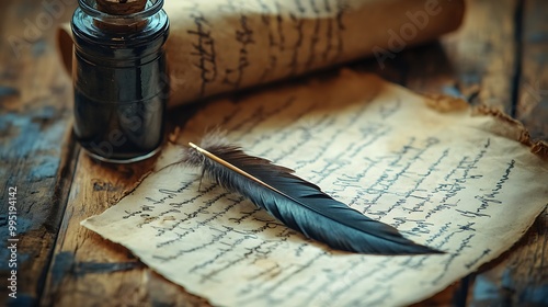 A quill pen resting on an old parchment, alongside a bottle of ink, suggesting a scene of writing or letter writing in a historical context. photo