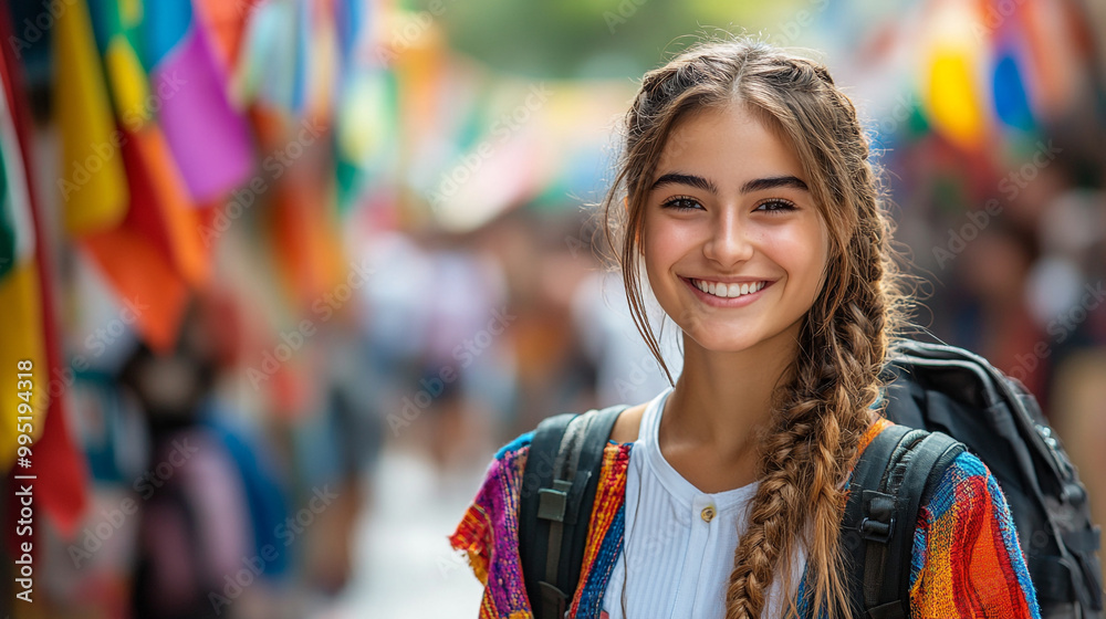 A cheerful traveler with a backpack smiles amidst colorful flags at a vibrant market, capturing the spirit of exploration. A cheerful traveler with a backpack smiles amidst colorful flags at a vibrant market, capturing the spirit of exploration.