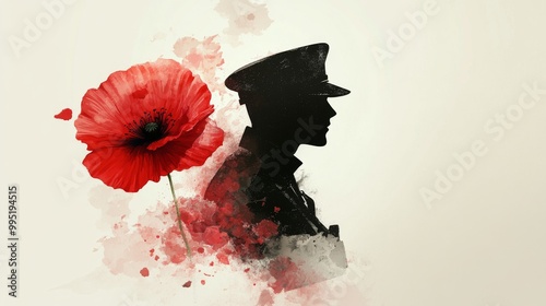 A soldier is standing in front of a red poppy
