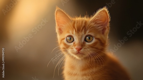 A close-up of a curious orange tabby kitten with large expressive eyes.