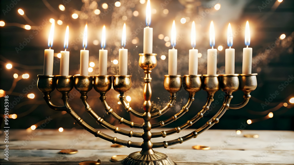 3D Flying Menorah with Glowing Candles Isolated on White Background: Futuristic Gravity-Defying Icon for Modern Hanukkah Designs 3D Flying Menorah with Glowing Candles Isolated on White Background: Futuristic Gravity-Defying Icon for Modern Hanukkah Designs