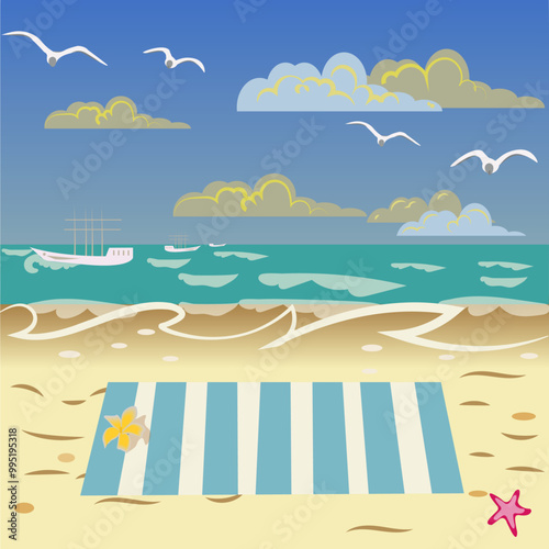 seascape, beach, seagulls, 
vector drawing