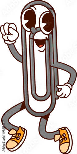 School education clip groovy character. Cartoon vector paperclip retro stationery personage jumping with a playful expression, ready for school and office tasks, exudes creativity, fun and excitement