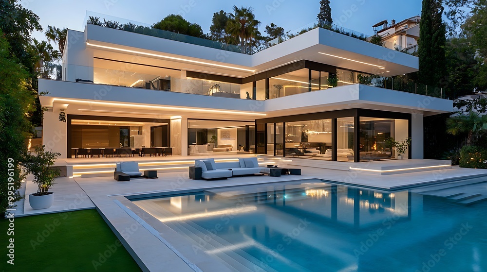 Fototapeta premium A modern, white house with a swimming pool and a green lawn. The house is illuminated with warm light, and the pool reflects the sky and the surrounding trees.