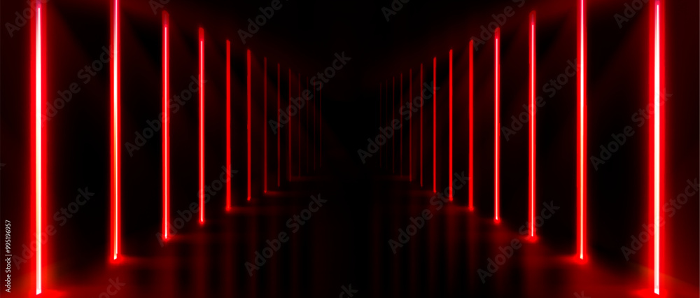 © klyaksun - Neon light tunnel on black background. Vector realistic illustration of red led corridor perspective, futuristic laser security border, modern information technology system, virtual reality
