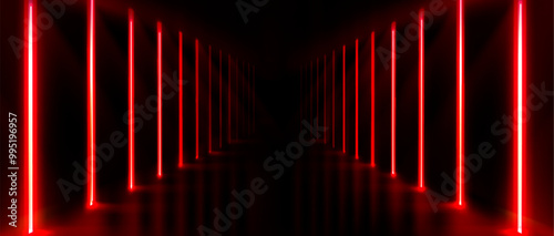Neon light tunnel on black background. Vector realistic illustration of red led corridor perspective, futuristic laser security border, modern information technology system, virtual reality