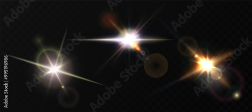 Realistic vector illustration flares, glowing effects. Sunbeams, sunlight glare effects, sun rays light.