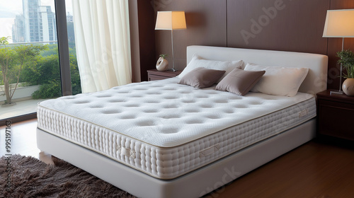 a close up of white mattress bonnell spring in bed room photo