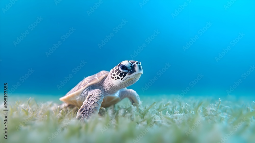 Obraz premium A Growing Sea Turtle Grazing on Lush Seagrass in a Tranquil Lagoon Showcasing the Remarkable Lifecycle Development from Hatchling to Juvenile in a Pristine Marine Ecosystem