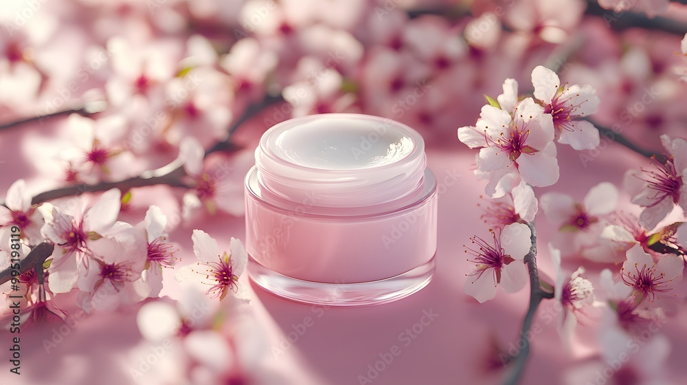 A Cosmetic cream jar surrounded by cherry blossoms on pink background
A Cosmetic cream jar surrounded by cherry blossoms on pink background