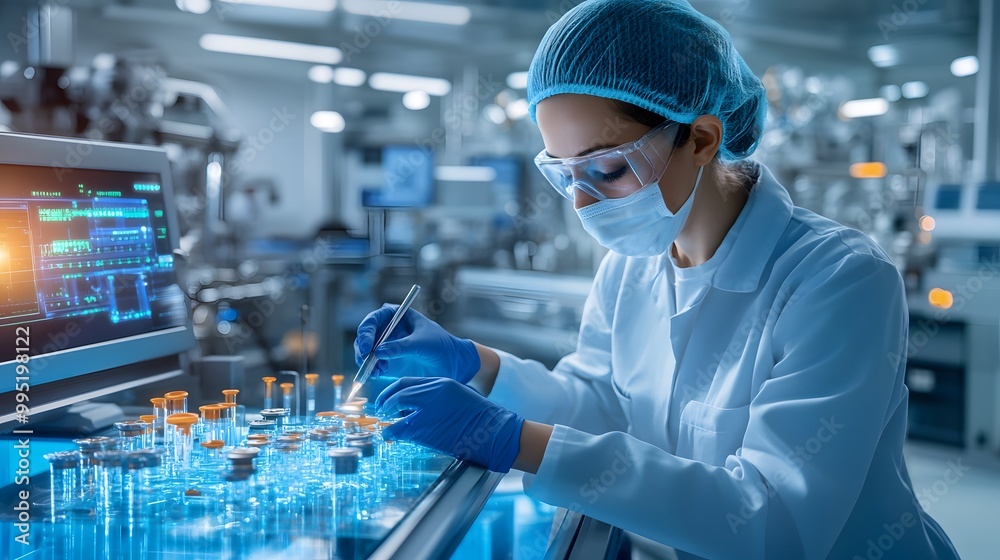 A focused scientist works in a modern laboratory, conducting experiments with test tubes and advanced technology. A focused scientist works in a modern laboratory, conducting experiments with test tubes and advanced technology.
