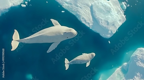 A magnificent mother beluga whale and her calf swimming gracefully through the icy cold waters of the Arctic framed by the stunning backdrop of glaciers in the distance photo