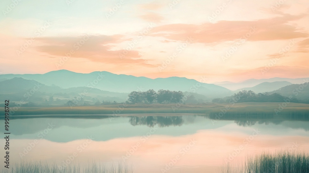 Fototapeta premium Serene landscape reflecting mountains and a pastel sky over calm water.