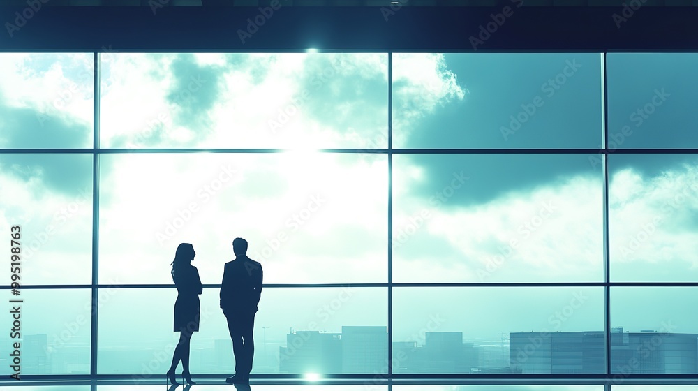 Business Silhouettes Against Modern Window View Business Silhouettes Against Modern Window View