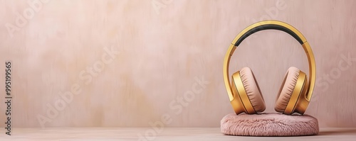 Stylish gold headphones resting on a soft, neutral background, perfect for enjoying music or podcasts in comfort. photo