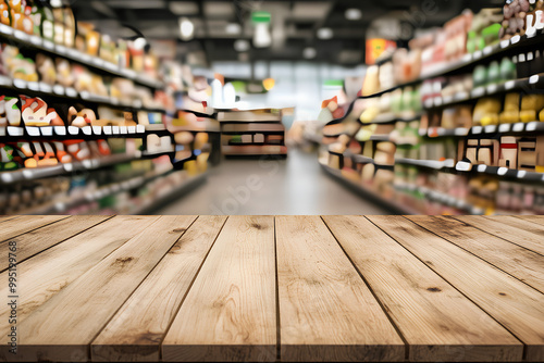 Wallpaper Mural Empty wood table top with supermarket blurred background for product display Torontodigital.ca