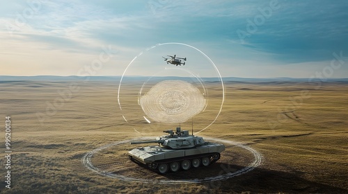 A powerful futuristic tank equipped with an advanced electronic anti drone force field system standing in an open natural landscape