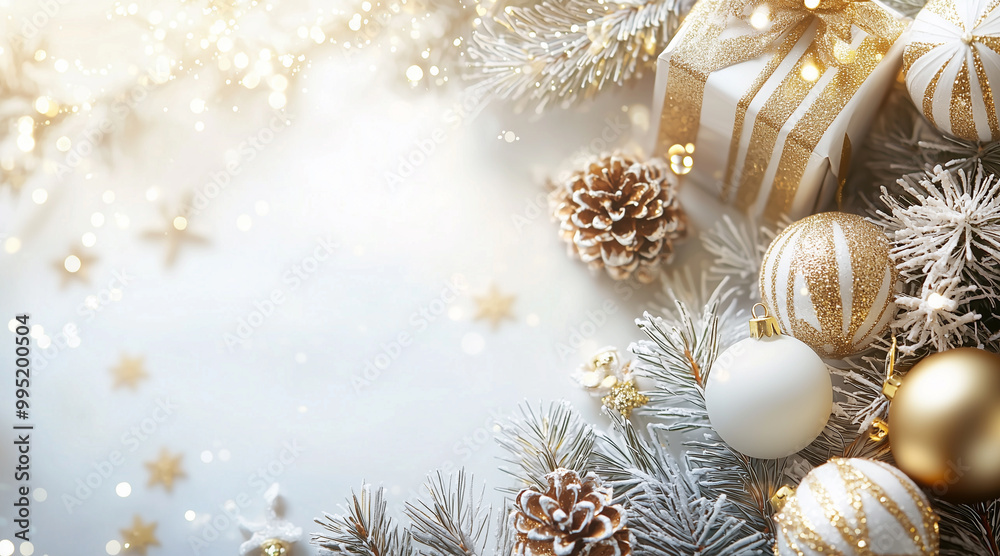 background with christmass decoration. white and gold style background with christmass decoration. white and gold style