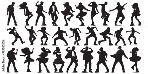 Dancing people Teenager Young girl boy hip hop silhouette Set vector illustration design black and white