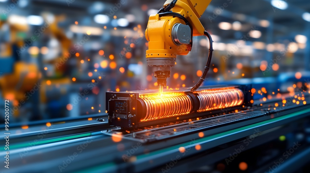 A robotic arm is welding metal in a modern industrial setting, illuminating the workspace with sparks and vibrant orange light. A robotic arm is welding metal in a modern industrial setting, illuminating the workspace with sparks and vibrant orange light.