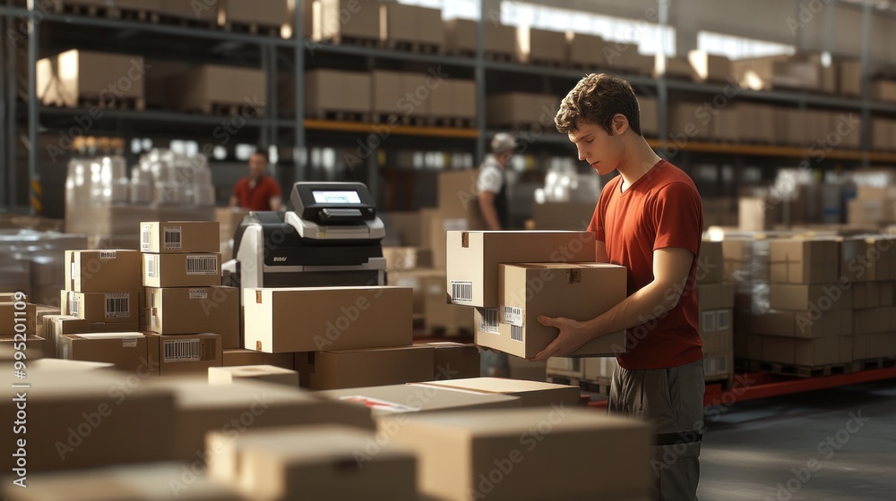 A young worker organizes boxes in a warehouse, utilizing a label printer for inventory. A young worker organizes boxes in a warehouse, utilizing a label printer for inventory.